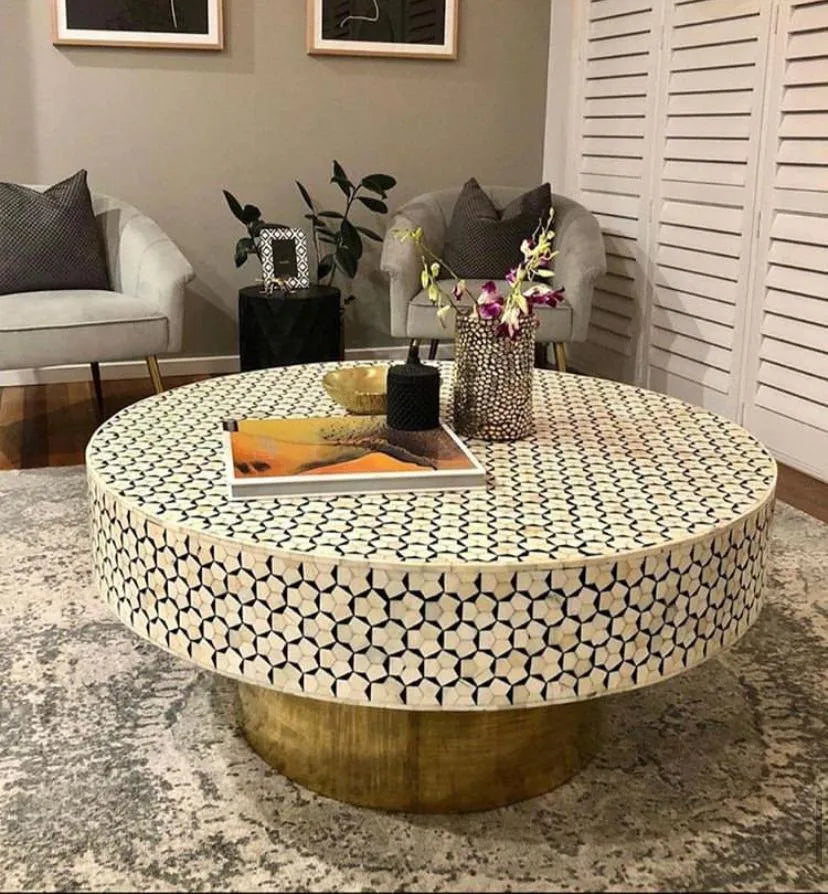 Bone Inlay and Brass Round Coffee Table